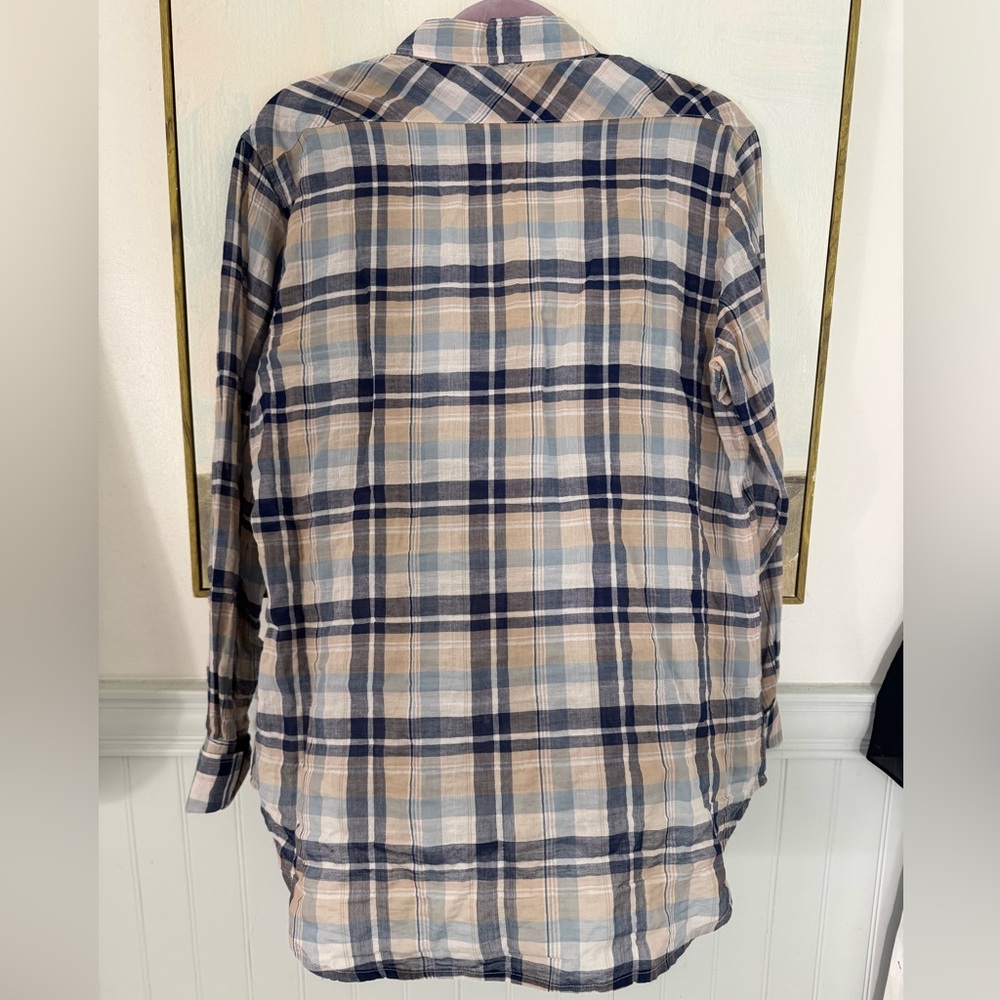 NILI LOTAN Lydia Plaid Shirt Buttondown Collar Brown Blue Tan Size L - Picture 4 of 4